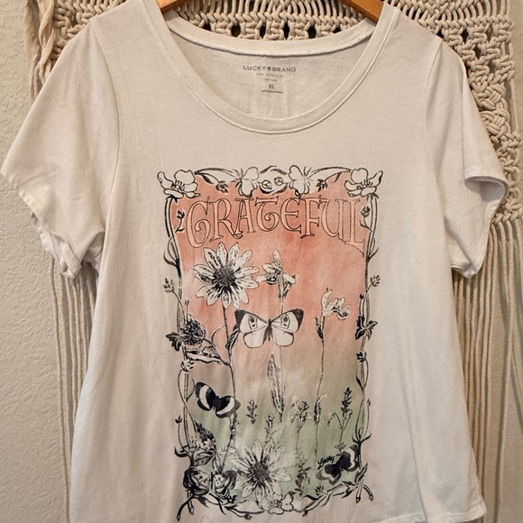 Lucky Brand Graphic Top XL – Cream Tee with “Graceful” Butterfly & Floral Design - Picture 1 of 2